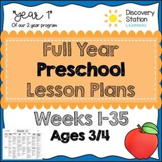 the full year preschool lesson plan with an apple and sun in the background, on top of