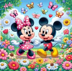 two mickey and minnie mouses are dancing in the grass with butterflies flying above them