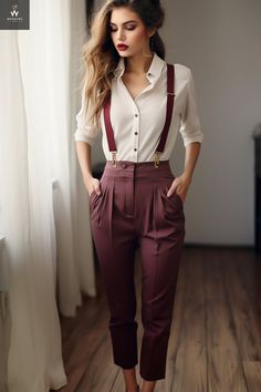 Introducing our sophisticated and chic Women's Burgundy Pleated Trousers with Attached Suspenders and Pockets - a perfect blend of style, comfort, and functionality. Elevate your wardrobe with this versatile piece that seamlessly transitions from casual to semi-formal occasions. Crafted with the modern woman in mind, these trousers boast a rich burgundy hue that adds a touch of elegance to any ensemble. The pleated design enhances the overall aesthetic, providing a tailored and polished look that effortlessly complements your individual style. The attached suspenders not only serve as a stylish accessory but also offer a customizable fit, allowing you to achieve the perfect silhouette. Designed for both fashion and functionality, these trousers feature strategically placed pockets for adde Business Casual Outfits No Jeans, Business Casual Shorts Outfit, Vintage Trousers Outfit, Stylish Tips, Wedding Ready, Temu App, Jeans Outfits, Office Dress, Shorts Casual