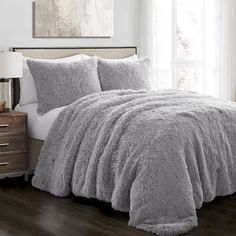 3-pc set includes: 1 Comforter, 2 Pillow Shams. Fur. 100% Polyester. Lush Decor Light Gray Solid King Comforter with (Fill) Polyester | 16T006340 Faux Fur Comforter, Bedding Style, Big Kid Bedroom, Fur Comforter, Colorful Comforter, Fur Design, Bedroom Size, Soft Fashion, Teenager's Room