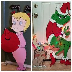 two pictures of the grinch and mrs peppermink characters, one is holding a christmas ornament