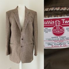 "Originally a Men's 1970s Vintage Harris Tweed Jacket for Dunn & Co but could be worn as an oversized jacket for women.   42\" Chest 32\" shoulder to hem 26\" sleeve length External pockets and internal pockets, plus top pocket. Two buttons at the front and one at each cuff. 100% wool with viscose lining. A single vent at the back.  No flaws to note.  ♥ SHIPPING ♥ * International postage - these costs are estimates, and I will happily refund any excess postage you may have paid once I have posted the item. * * UK postage - all items will be sent via Royal Mail* ♥ DESCRIPTIONS ♥ I thoroughly inspect all of my items and aim to describe them as accurately as possible, making any noticeable flaws known. But please remember that items are between 30 and 85 years old, so may have tiny flaws that Vintage Single-breasted Tweed Jacket For Spring, Retro Single-breasted Tweed Jacket For Fall, Vintage Houndstooth Outerwear With Notch Lapel, Vintage Tweed Outerwear For Spring, Vintage Tweed Jacket With Lapel Collar For Fall, Fall Vintage Tweed Jacket With Lapel Collar, Retro Tailored Tweed Outerwear, Tailored Retro Tweed Outerwear, Vintage Tweed Blazer For Spring