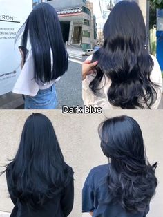 Colored Tips Hair Brunette, Blueberry Black Hair, Dark Blue Hair Color, Deep Blue Hair, Hair Color Dark Blue, 2024 Hair Trends For Women, 2024 Hair Trends, Dark Blue Hair, Korean Hair Color