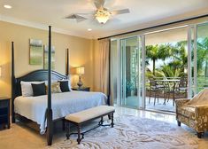 a bedroom with a large bed and sliding glass doors