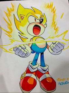 a drawing of sonic the hedgehog with yellow and red colors on it's face