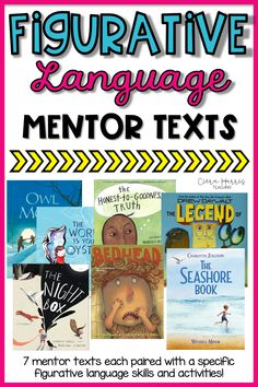 five different types of language and text with the words, mentor texts, and pictures