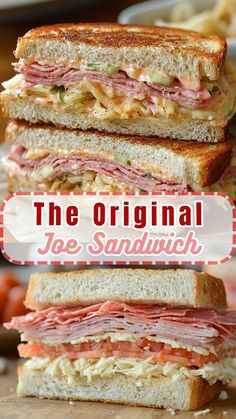 two sandwiches stacked on top of each other with the words, the original joe sandwich