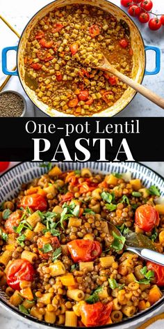 one pot lentil pasta with tomatoes and spinach in a skillet on the side