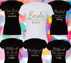 the bride and groom shirts are all different colors