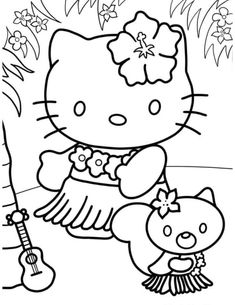 Hello Kitty in a hula skirt and flower lei holding a ukulele, surrounded by tropical flowers, on a fun luau-themed coloring page. Hello Kitty Coloring Pages Printable Kuromi, Sanrio Characters Coloring Pages Free Printable, Hello Kitty Printables Coloring, Hello Kitty Worksheets, Y2k Coloring Pages Free Printable, Cute Hello Kitty Coloring Pages, Hello Kitty Coloring Pages Y2k