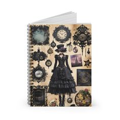 a spiral notebook with an image of a woman in a dress surrounded by clocks and other items