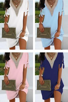 women's bowTie short sleeve dress elegant lace v neck pullover, comfortable casual commuter female solid dress V Neck Pullover, Dress Comfortable, Tie Shorts, Dresses Elegant, Sleeve Dresses, Dress Elegant, Solid Dress, Elegant Dresses, Bow Tie