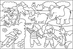 a coloring page with children playing in the jungle