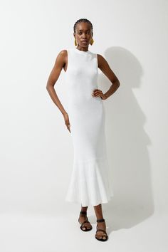 Viscose Blend Pointelle Knit Midaxi Dress Elegant Ribbed Summer Dress, Fitted White Knit Dress, White Fitted Knit Dress, Elegant White Knit Midi Dress, Elegant Ribbed Knit Maxi Dress, Elegant Ribbed Knit Dress, Elegant Summer Knit Dress, Chic White Ribbed Midi Dress, Chic White Ribbed Dress