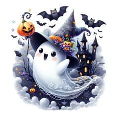 a white ghost with a black hat and pumpkins