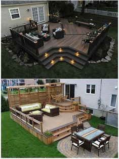 an outdoor deck and patio with lights on it