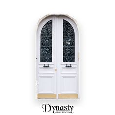 the front door is white and has two glass panels on each side with gold trim