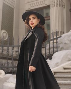 Vintage Inspired Long Wool Coat in Black Winter Fall Wool | Etsy Wool Maxi Coat, Fit And Flare Coat, Long Black Coat, Retro Pin Up, Long Coats, Wool Coat Women, Long Coat Women, Long Wool Coat