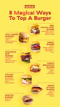 a poster with different types of burgers on it's sides and the words 8 magic ways to top a burger