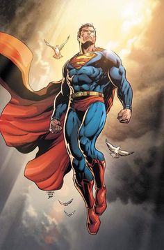 superman flying through the air with his cape open and birds in the sky behind him