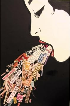 a woman with her mouth open surrounded by stickers