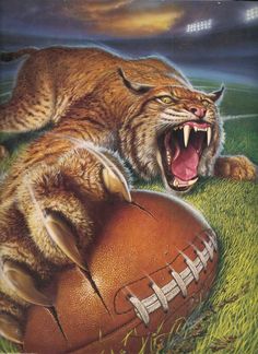 a painting of a cat playing with a football on the grass, it's mouth wide open