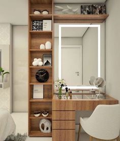 a room with a desk, mirror and shelves in it