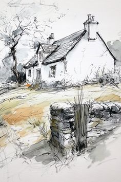 an ink drawing of a house in the country