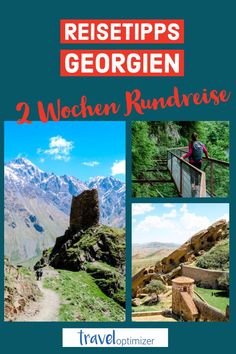 the cover of a travel guide with pictures of mountains and people walking uphills