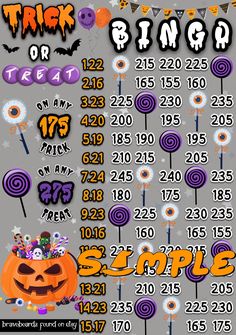 a trick or treat poster for halloween with candy, candies and pumpkins on it