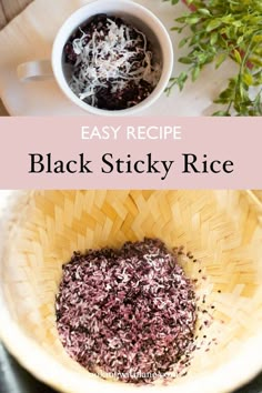 black sticky rice in a white bowl with sprinkles on top and the words easy recipe above it