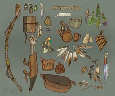 various items are arranged on a gray background, including an arrow and other things that appear to be made out of wood