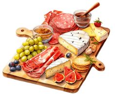 a wooden cutting board topped with cheese and meats next to olives, bread