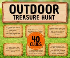 a sign that says outdoor treasure hunt with four pieces of paper in front of it