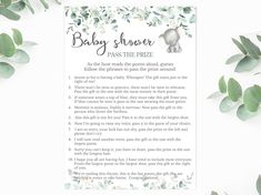 a baby shower pass the prize game with eucalyptus leaves and an elephant on it's back