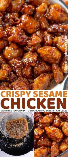 the recipe for crispy sesame chicken is shown in this collage with pictures and text