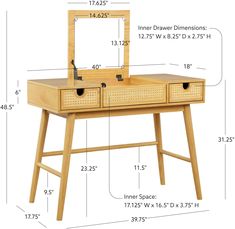 a wooden desk with two drawers and a mirror on the top, measurements for each drawer