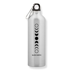 a stainless steel water bottle with a keychain hanging from the front and side