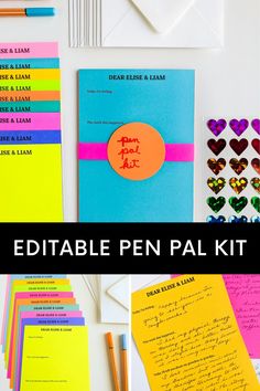 the diy editable pen pal kit is on display next to other stationery items