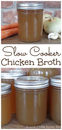 several jars of slow cooker chicken broth with carrots and garlic in the background