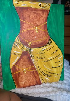 a painting of a woman's torso in yellow and green with gold chains around her waist