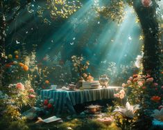 an image of a tea party setting in the middle of flowers and trees with sunbeams