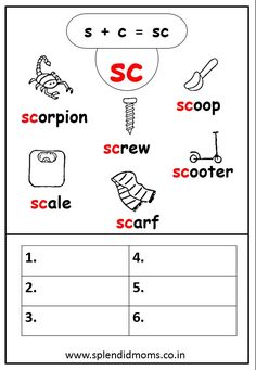 a worksheet with the words sc, scorpion, screw and scooter