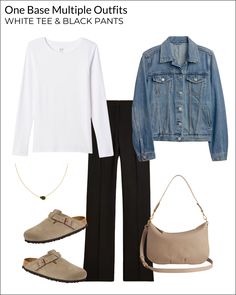 1 Base, 10 Outfits: How To Style Multiple Outfits With Black Pants And A White Tee - Melissa Murrell Stylist, Outfits With Black Pants, Capsule Wardrobe French Style, White Tee Outfit, White Tees Outfit, Black Pants Outfit, White Long Sleeve Tee, Multiple Outfits, Smart Casual Style