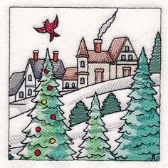 a drawing of christmas trees and houses in the snow with a bird flying over them