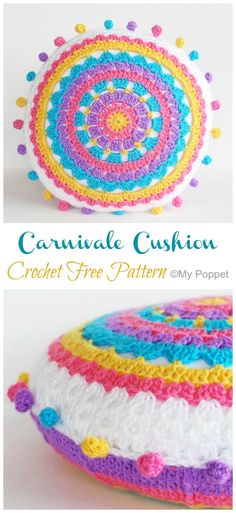 the crochet pillow is made with colorful yarn