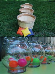 there are many different types of plastic balls in glass vases