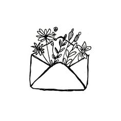 a black and white drawing of an envelope with flowers in it on a white background