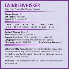 DnD 5e Statblock for Twinklewhisker by Me.Mimic Magical Plants, Monster Cat, Magic Items, Special One, D&d Dungeons And Dragons