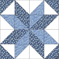 a blue and white quilt block with an intricate star design on it's center